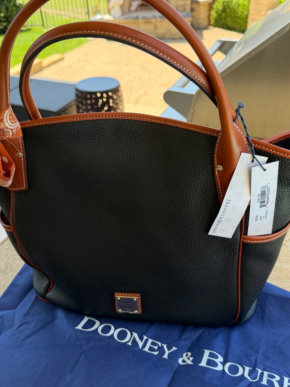 Dooney & Bourke Black Pebble Leather Kristen Tote with Brown Trim NWT